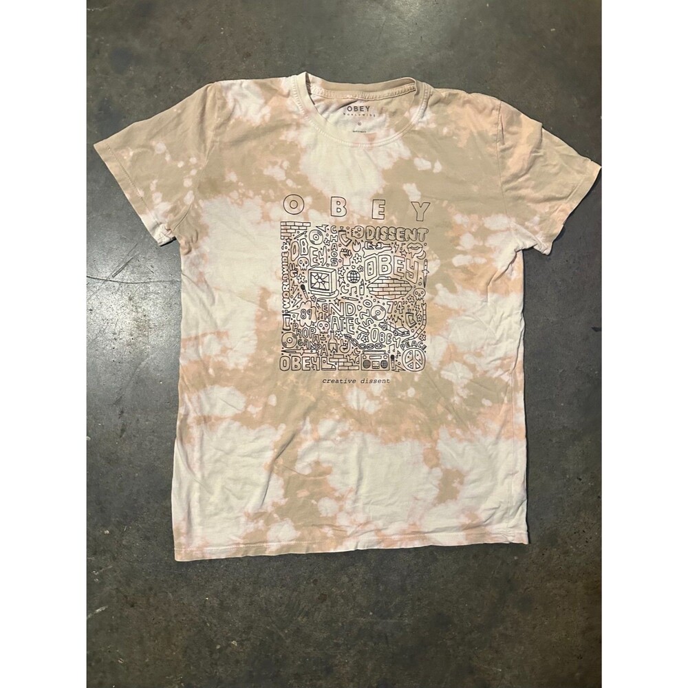 Obey Tie Dye Graphic T Shirt Mens Medium Beige Pink Streetwear Creative Dissent